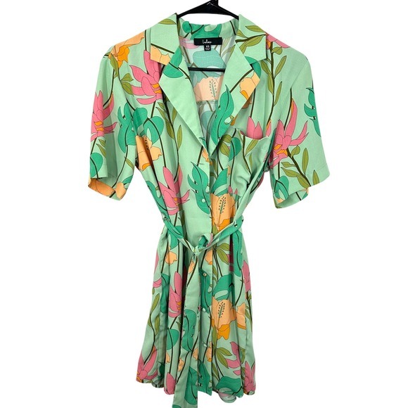Lulus Dresses & Skirts - Lulus XS Tropical Floral Mini Shirt Dress Green Pink Orange‎ Button Front Vacay